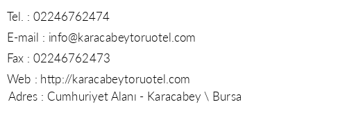 Karacabey Toru Hotel telefon numaralar, faks, e-mail, posta adresi ve iletiim bilgileri